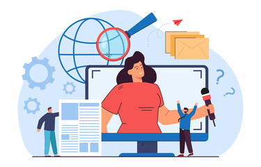 TV presenter giving report on huge screen and tiny journalists. Different types of media: press, television, digital information flat vector illustration. Communication, news, journalism concept