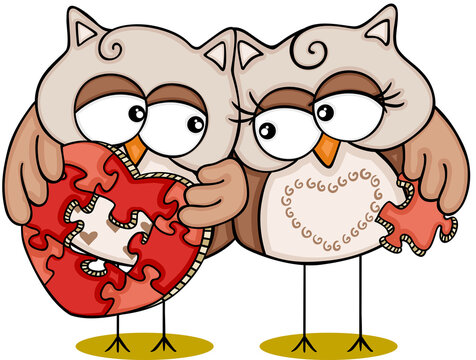 owls holding red heart puzzle clip art preview