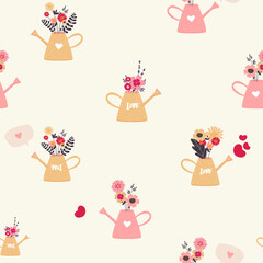 Cute beautiful flowers in a pink watering can. Vector seamless pattern in a flat style on a white background. Floral decorative wallpaper with hearts. for valentine's day, wedding. packaging, paper