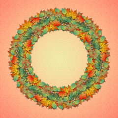 Illustration of colorful autumn leaves wreath.   Fall leaves of green, orange and yellow on a graduated orange background with space for text.