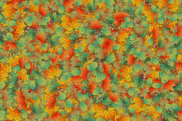 Background illustration of autumn leaves.  Layers of fall leaves of green, orange and yellow.