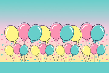 Illustration of rows of balloons in pink, yellow and green on a graduated background with space for text.