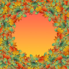 Illustration of colorful autumn leaves border.   Fall leaves of green, orange and yellow on a graduated orange background with space for text.
