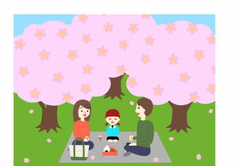 家族でシートを敷いてお花見