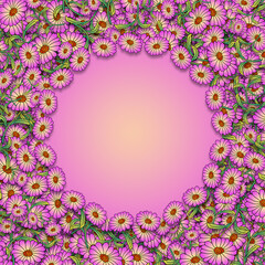 Floral background illustration of a mass of colorful pink and yellow daisy flowers border on a pink background with space for text.