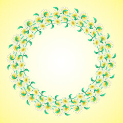 Illustration of white daisy flowers as a wreath on a yellow background with space for text.
