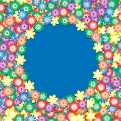 Floral background illustration of a mass of colorful flowers border on a blue background with space for text.