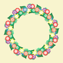 Illustration of colorful flowers as a wreath on a cream background with space for text.