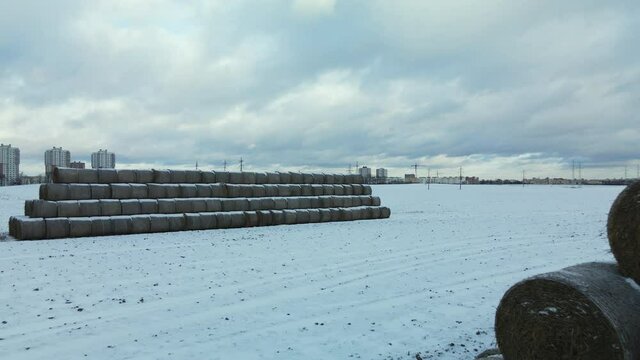 Flying over a snowy field. Straw bales are stacked. Traces of agricultural tillage are visible under the snow. Aerial photography.