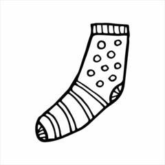 Hand drawn sock in doodle style. Black and white vector illustration