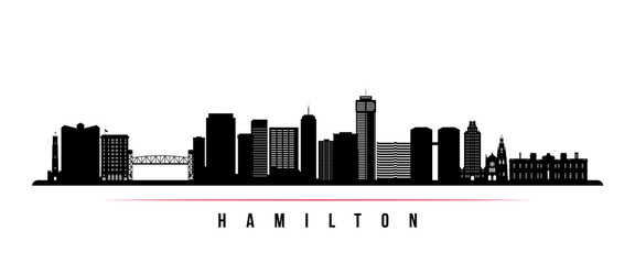 Hamilton skyline horizontal banner. Black and white silhouette of Hamilton, Canada. Vector template for your design. - obrazy, fototapety, plakaty