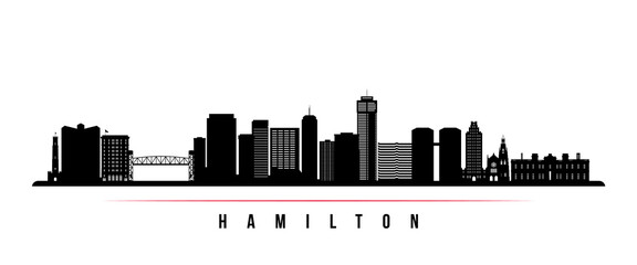 Hamilton skyline horizontal banner. Black and white silhouette of Hamilton, Canada. Vector template for your design. © greens87