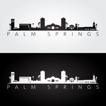 Palm Springs, CA USA Skyline And Landmarks Silhouette, Black And White Design, Vector Illustration.