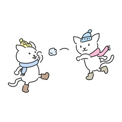 雪合戦をするネコ　寒中見舞い素材
