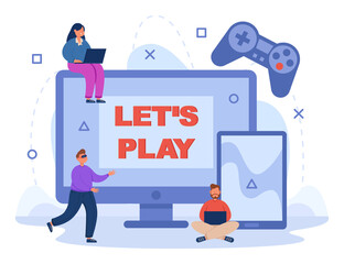 Gamers playing games with different devices and cross platform. Tiny people using mobile phone, tablet and laptop, VR glasses and console flat vector illustration. Entertainment, technology concept