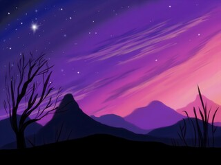 Purple landscape with mountains, clouds, and shinning stars