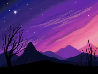 Wall murals Violet Purple landscape with mountains, clouds, and shinning stars