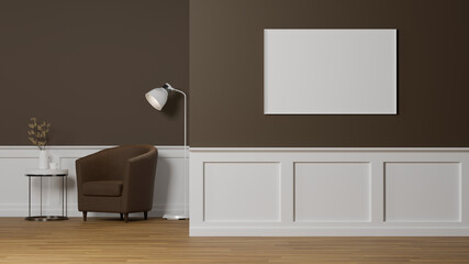 Modern classic brown living room interior design with blank poster frame on wall
