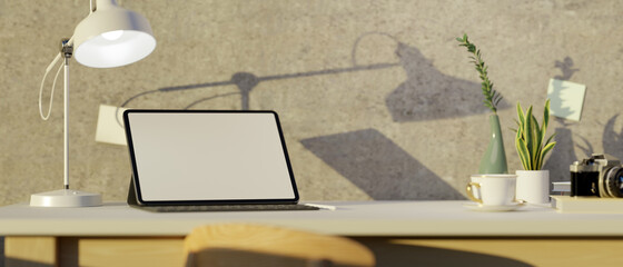 Modern loft workspace with digital tablet touchpad white screen mockup