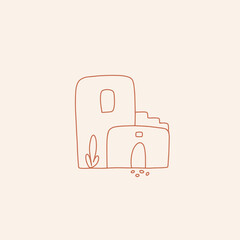 Vector outline illustration of an old house in desert.