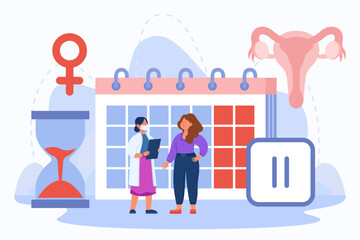 Consultation from doctor to patient about climacteric problems. Tiny women standing near monthly fertility calendar flat vector illustration. Menopause, reproductive health check, education concept