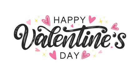 Happy Valentine's day typography banner decorated by hand drawn doodle hearts. Saint Valentine's day hand sketched lettering isolated on white.