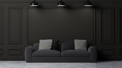Modern stylish dark living room interior with cozy dark grey sofa