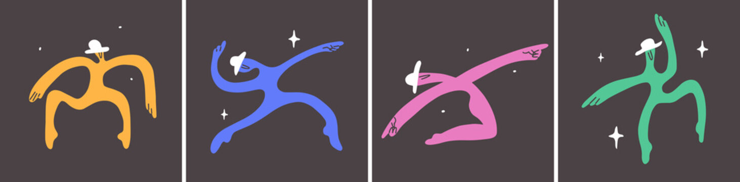 Vector banners set with abstract people dancing on black background. Neon color characters make different dance movement. Disproportionate persons in various pose. Isolated illustration of silhouettes