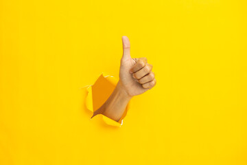 Close-up of male hand showing thumbs up on yellow background. - obrazy, fototapety, plakaty