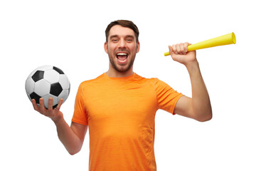 sport, leisure games and success concept - happy smiling man or football fan with soccer ball and...