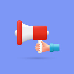 hand holding red megaphone in 3d vector, advertising, attention, speaker, loudspeaker, hiring illustration