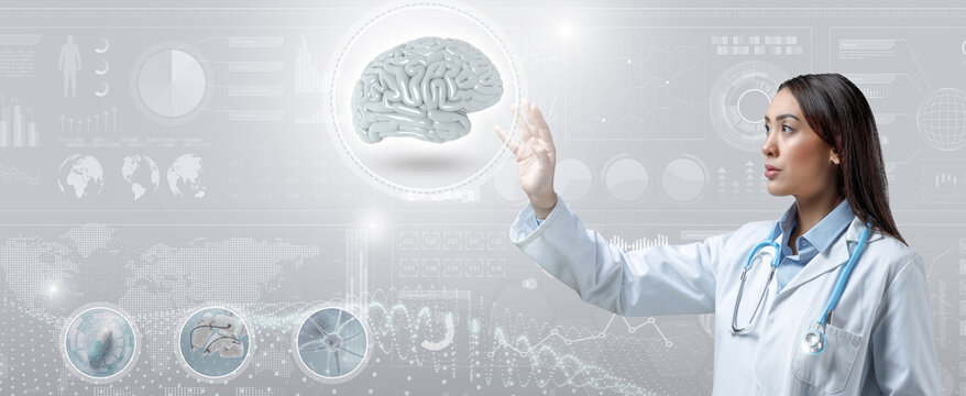 Medium shot of woman doctor moving holographic 3d rendering brain image in a scientific background with diagnostic data and graphs.