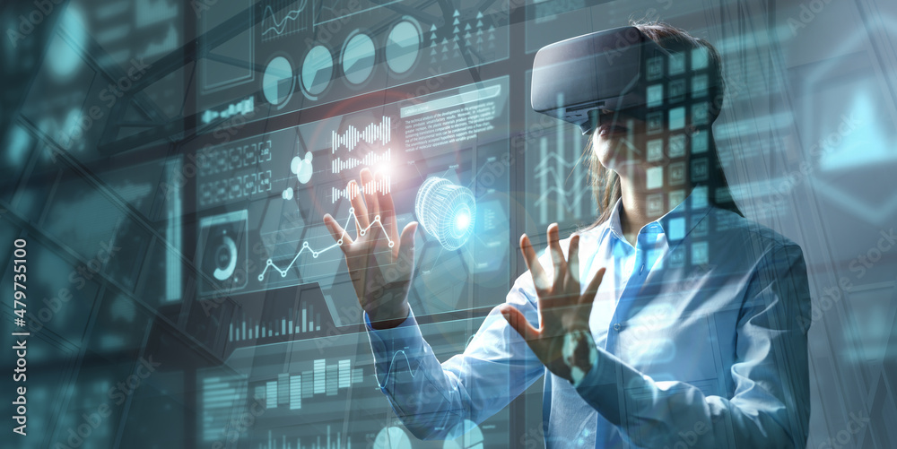 Wall mural businesswoman in vr glasses touching graphs on a virtual screen with hud interface. internet of thin