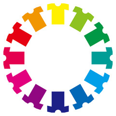 円形の12色のTシャツのイラスト　色相環のグラデーション　白背景　アパレル © globeds