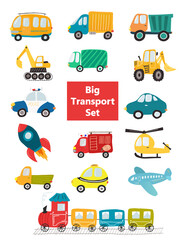 Fototapeta na wymiar Big transportation set. Bright collection of cars and trucks in simple flat style. Cute transport vehicles for prints, decorations, kids designs, games and preschool activities