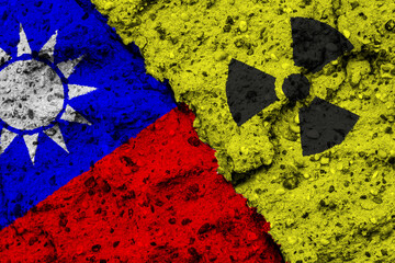 Concept of the Nuclear Energy Policy of the Republic of China (Taiwan) with a flag and a radiation hazard sign painted on a rough wall