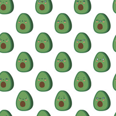 Cute kawaii flat green avocado smiling with eyes pattern. Cute childish berry. Isolated flat fully editable illustration on white background.