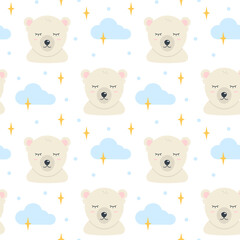 Cute polar bear sleeping with clouds and stars. Seamless patterns. Can be used for wallpaper, fill web page background, surface textures
