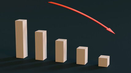 Red arrow pointing down against falling graph bars against a dark background with room for text or...