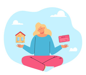 Calm woman meditating while balancing house and money on hands. Girl choosing between wealth and real estate flat vector illustration. Choice, mortgage, savings concept for banner, website design