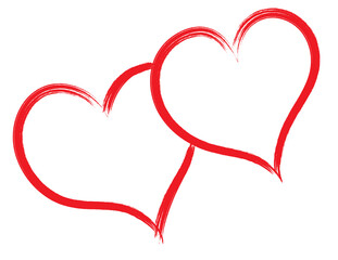 Two red hearts - contour drawing for emblem or logo. Template for a greeting card for Valentine's day, romantic sign of lovers.