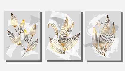 Golden background flowers and herbs vector. Luxurious floral art deco. Golden natural pattern Vector illustration. poster