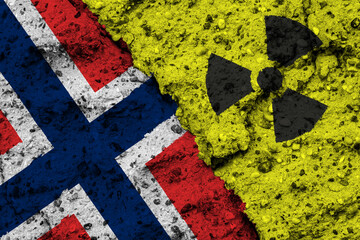 Concept of the Nuclear Energy Policy of Norway with a flag and a radiation hazard sign painted on a rough wall