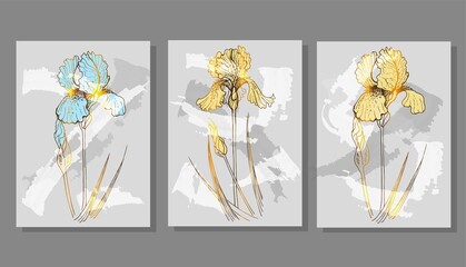 Golden background of iris flowers vector. Luxurious floral art deco. Golden natural pattern Vector illustration. poster