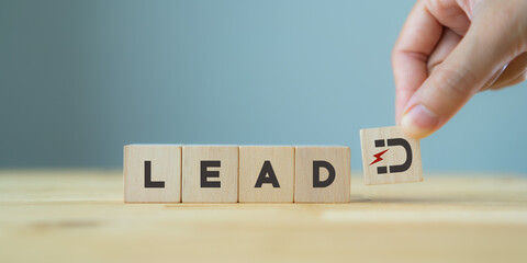 Lead generation concept. Lead customer and cultivation. Inbound marketing strategy. Hand holds wooden cubes with magnet attracts customer icons standing with "LEAD" text on grey background, copy space