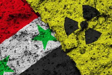 Concept of the Nuclear Energy Policy of Syria with a flag and a radiation hazard sign painted on a rough wall