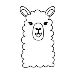 Hand drawn funny portrait of baby llama. Black and white line drawing for coloring page . Cute outline vector illustration isolated on white background. © Elena
