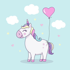 Children's poster with a cute unicorn standing in the clouds. Vector illustration.