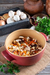 Preparation cheese soup with mushrooms, potatoes and carrots. Step by step