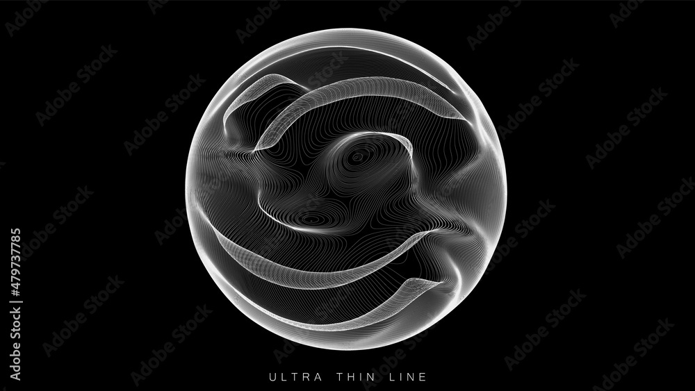 Poster ultra thin line fluid geometry. dynamic vector distorted spheres.